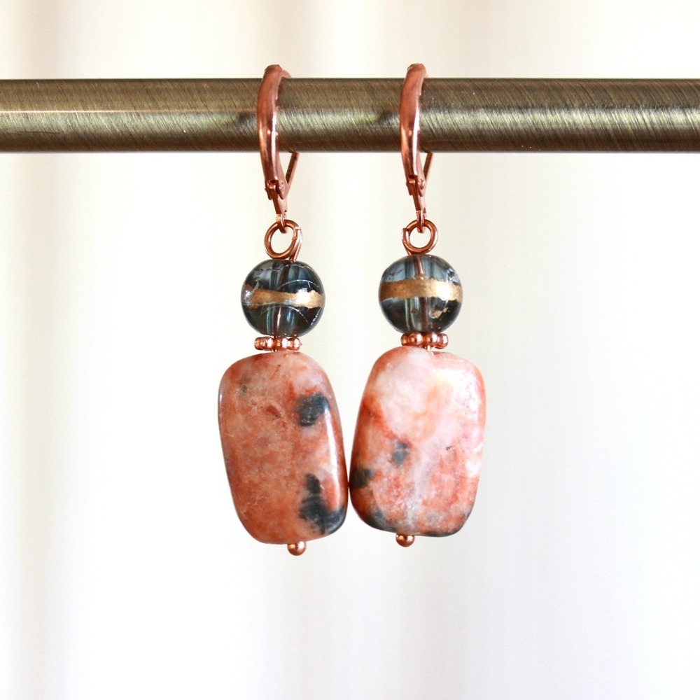 Handmade Pink Granite & Glass Bead Drop Earrings Rose Gold Tone Leverback D9